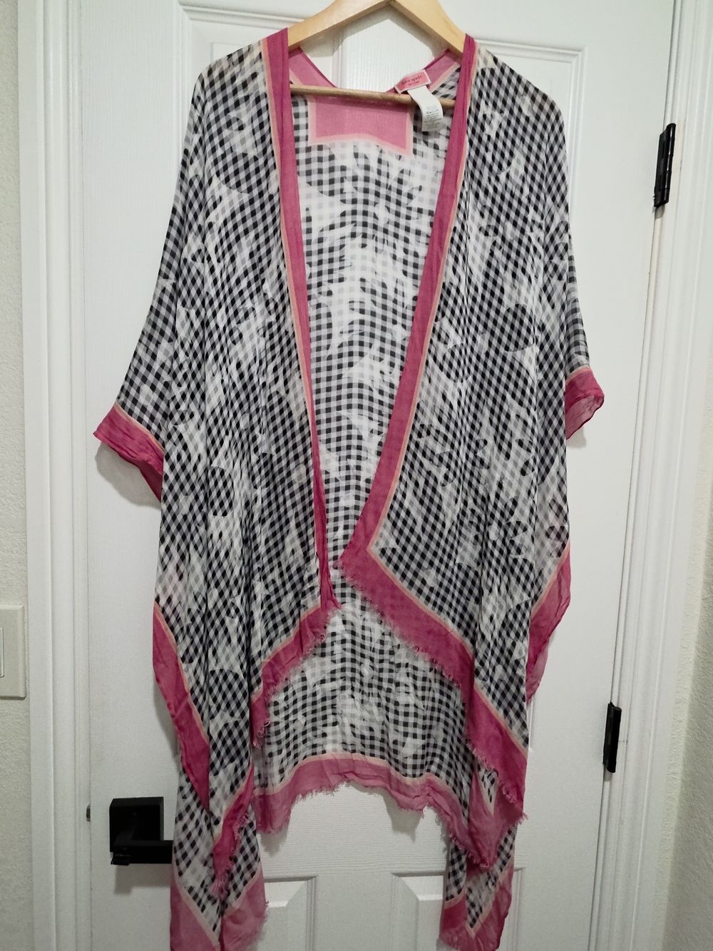 kate spade Black and White Checked Floral Kimono Coverall with Pink Trim